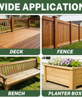 Wide application of deck screws shown in decking, fencing, bench, and planter box made with wood.