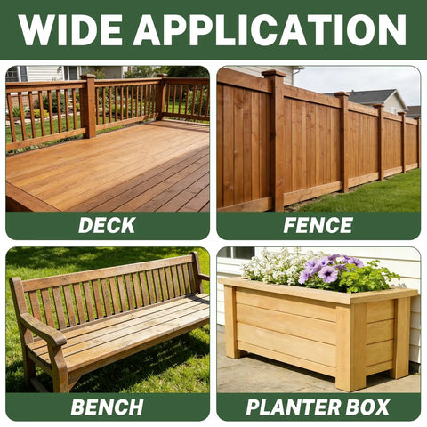 Wide application of outdoor decking screws for wood projects like decks, fences, benches, and planter boxes.