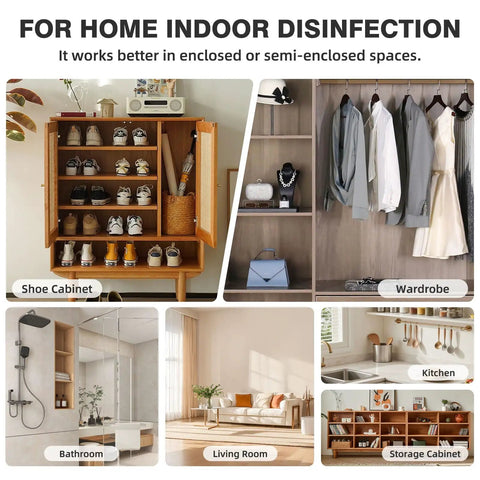 Shoe and wardrobe cabinets, bathroom, kitchen, and storage spaces for 6W UV C Light Sanitizer Lamp With 253.7Nm UV C Bulb.