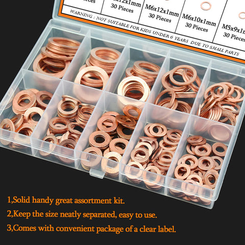 Copper Washers Kit 220 Pieces Ten Sizes M5 M6 M8 M10 M12 case