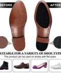 Before and after view of 10 Pcs No Slip Shoe Sole Grip Pads Self Adhesive Rubber Traction Sheets For Leather And Smooth Soles Boost Dry Floor Traction On Dress Shoes And Boots Black 3.1 By 5.1 Inches For Men And Women with shoe types shown