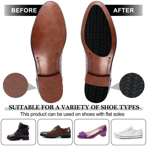 Before and after view of 10 Pcs No Slip Shoe Sole Grip Pads Self Adhesive Rubber Traction Sheets For Leather And Smooth Soles Boost Dry Floor Traction On Dress Shoes And Boots Black 3.1 By 5.1 Inches For Men And Women with shoe types shown