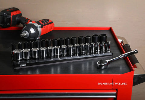 3/8 Inch Metric Magnetic Socket Organizer holds 15 standard and 15 deep sockets, on a toolbox with a wrench nearby, sockets not included.
