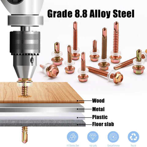 1000 Pcs Metal Self Tapping Screws Set For Steel And Aluminum Grade 8.8 Alloy, Sizes 8 10 12 14, showing usage in wood