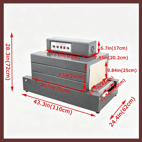 Lgxenzhuo 220V Heat Shrink Tunnel Wrapper With Wide 17.7 In Chamber High Power Quartz Tubes Seals Tray Packaging detailed dimensions