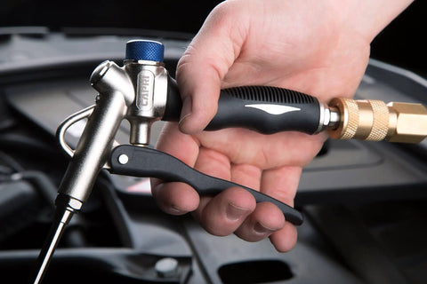 Person holding Two-Way Air Blow Gun With Adjustable Air Flow And Extended 4.5 Inch Nozzle For Stubborn Debris Dust Water And Hard To Reach Areas
