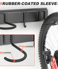 Wall Mount Bike Storage Rack For Up To 6 Bikes With 6 Helmet Hooks Heavy Duty Garage Organizer Holds Up To 660 Lbs Vertical Bike Hanger For Home Garage Or Shed with rubber-coated hooks shown close-up.