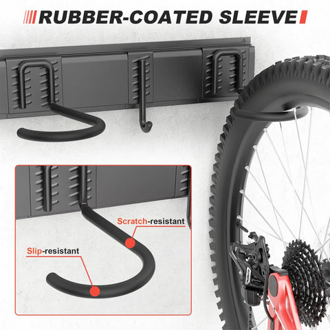 Wall Mount Bike Storage Rack For Up To 6 Bikes With 6 Helmet Hooks Heavy Duty Garage Organizer Holds Up To 660 Lbs Vertical Bike Hanger For Home Garage Or Shed with rubber-coated hooks shown close-up.