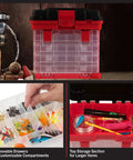 Grab And Go Portable Tool Box With Four Removable Drawers And Customizable Compartments Perfect For Hardware, Fishing Tackle, Beads, Or Crafts, Lightweight, Compact Red Organizer For Home, Garage, And On The Go