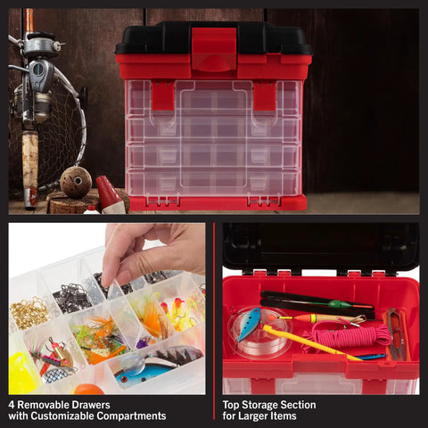 Grab And Go Portable Tool Box With Four Removable Drawers And Customizable Compartments Perfect For Hardware, Fishing Tackle, Beads, Or Crafts, Lightweight, Compact Red Organizer For Home, Garage, And On The Go
