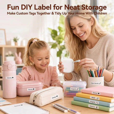 Gotta Love This Straight Up Compact Bluetooth Label Printer With Self Adhesive Tape Wireless Thermal Mini Label Maker Featuring Rechargeable Battery And Built In Cutter For No Sweat Home Office Or Kitchen Organization in use by mother and daughter making labels.