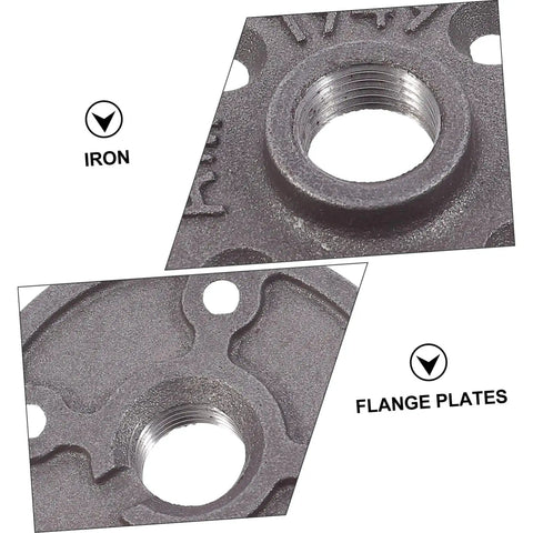 Close-up of 4 Pack Malleable Cast Iron Floor Flange Pipe Fittings for DIY Industrial Shelving and Vintage Furniture Decor
