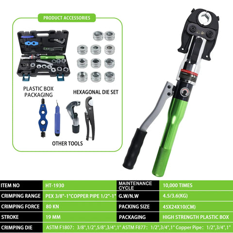 Heavy Duty Pipe Press Tool For Copper And PEX Crimping Hydraulic Crimp Tool With F1807 And F877 Standards 11 Die Set 360 Degree Slim Head Pro Grade Leak Free Crimps For Plumbers, green handle