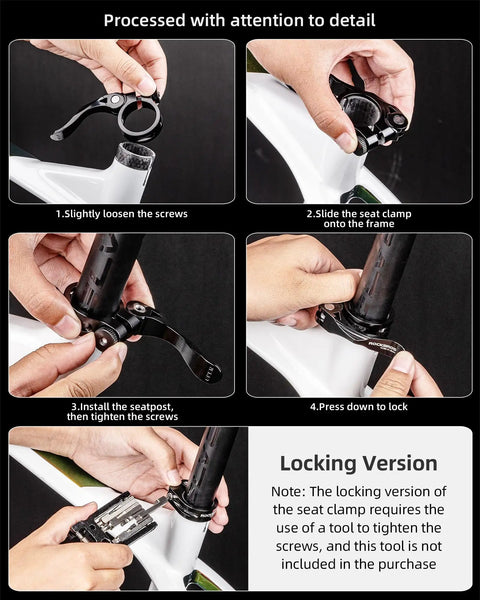 Installation steps of bike seat post clamp 31.8/34.9mm aluminum quick release for 27.2-28.6mm and 30.4-31.8mm posts
