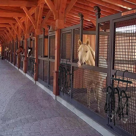Horses in stall with Six Hook Portable Horse Tack Rack With 360 Degree Swivel Hooks Bridle Hangers For Stall Barn And Fence No Drill Setup.