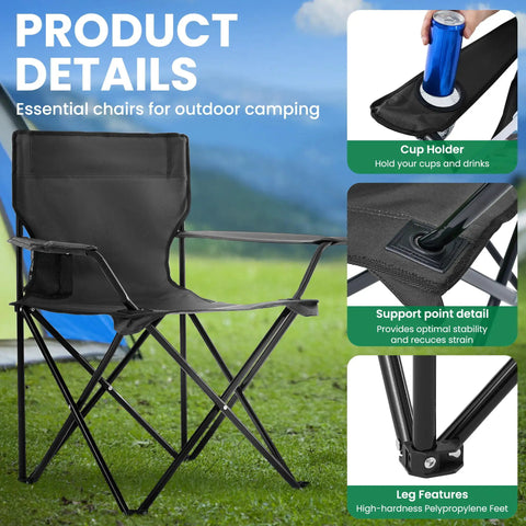 Two Pack Foldable Camping Chairs With Cup Holder 300Lb Capacity Lightweight Portable Lawn Chairs For Adults Outdoor Beach Chairs With Carry Bag For Camp Fishing Sports Travel Ready Black shown with cup holder and steel frame details