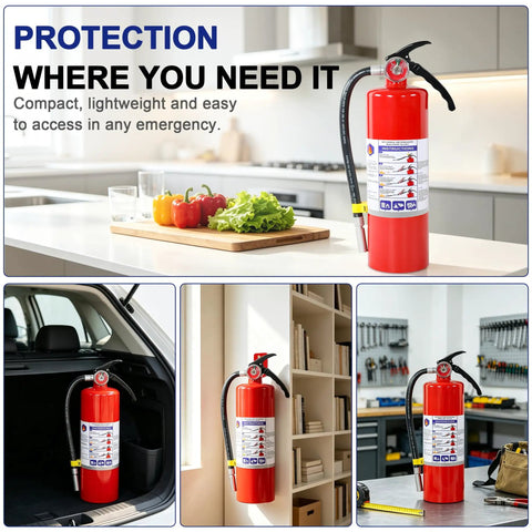 4 Pack 5LB ABC Dry Chemical Fire Extinguisher Haul For Home Kitchen Car And RV in a kitchen setting on countertop.