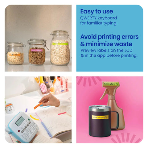 Legit Desktop Label Printer For Dorm Room And Shop Setups Game Changer Organization Hack With Vibrant Color Tape Rolls in use, labeling jars and items.