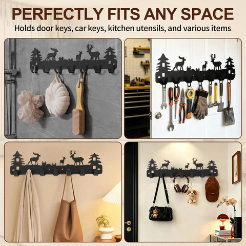 Chic Deer Wall Hook Rack With Seven Smooth Hooks And Double Adhesive Screw Mount For Kitchen Bathroom Storage waterproof black metal with tools and bags