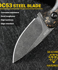 Close-up of DC53 Steel Fixed Blade Knife With Rugged Shredded Carbon Fiber Handle And Kydex Sheath For EDC Outdoor Survival Camping Built Tough Razor Sharp Edge For Men Everyday Carry Ready showcasing its blade and handle.