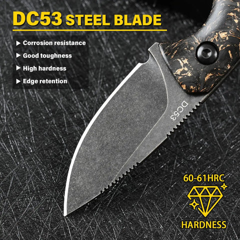 Close-up of DC53 Steel Fixed Blade Knife With Rugged Shredded Carbon Fiber Handle And Kydex Sheath For EDC Outdoor Survival Camping Built Tough Razor Sharp Edge For Men Everyday Carry Ready showcasing its blade and handle.