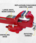 Badass 6 Inch Heavy Duty Bench Vise With Smooth 360 Degree Swivel Base And Serrated Pipe Jaws Built Tough From Rock Solid Austempered Iron, showcasing anvil surface and jaws.