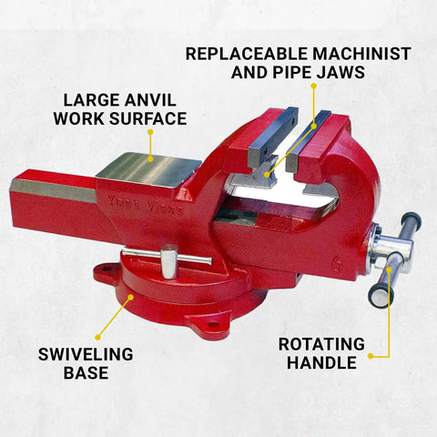 Badass 6 Inch Heavy Duty Bench Vise With Smooth 360 Degree Swivel Base And Serrated Pipe Jaws Built Tough From Rock Solid Austempered Iron, showcasing anvil surface and jaws.