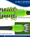 Quick Change Blade Cordless Garden Shears For Snipping Grass And Trimming Hedges Rechargeable Lightweight Handheld Clippers Electric Trimmer viewed showing long and short blades for different yard tasks.