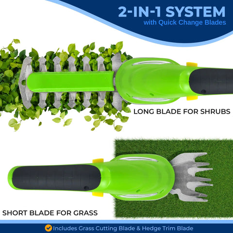 Quick Change Blade Cordless Garden Shears For Snipping Grass And Trimming Hedges Rechargeable Lightweight Handheld Clippers Electric Trimmer viewed showing long and short blades for different yard tasks.