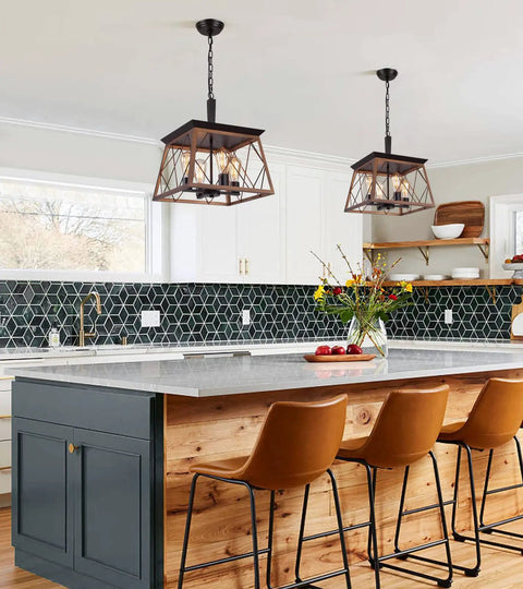 Kitchen view featuring Farmhouse Rustic Square Chandelier Bronze And Black 4 Light Vintage Vibe Ceiling Light Fixture
