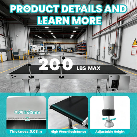 Heavy Duty Workhorse Electric Conveyor Belt With Hassle Free Adjustable Speed And Anti Static PvC Track Rolling Smooth On A Beefy Stainless Steel Base For Worry Free Daily Shipping Grind, 200 lbs max load.