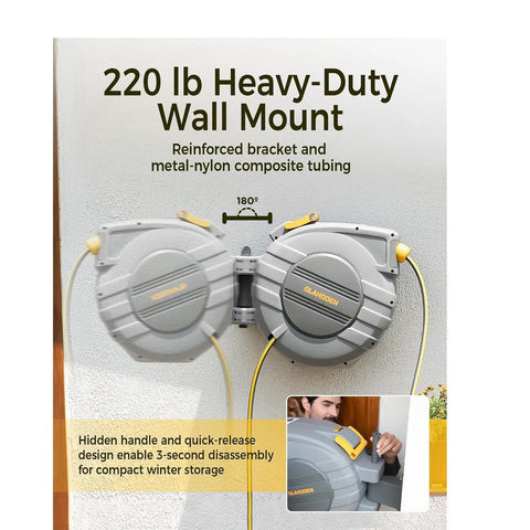 Beefy Heavy Duty Retractable Garden Hose Reel 100 Ft 5/8 In Wall Mount With Brass Fittings 9 Pattern Nozzle Auto Lock Slow Rewind