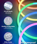 Dope RGB LED Neon Rope Lights 6Ft With App Control And IR Remote, flexible waterproof design shown with LED detail and flexibility chart.