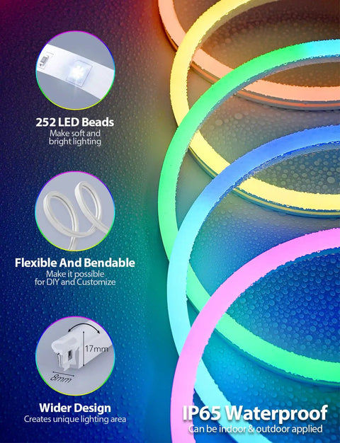 Dope RGB LED Neon Rope Lights 6Ft With App Control And IR Remote, flexible waterproof design shown with LED detail and flexibility chart.
