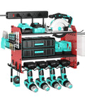 Heavy Duty 3 Layer Power Tool Organizer Wall Mount With Charging Station And 6 Outlet Power Strip Adjustable Metal Storage Rack Drill Holders Hooks And Drill Bit Rack For Garage And Workshop Red
