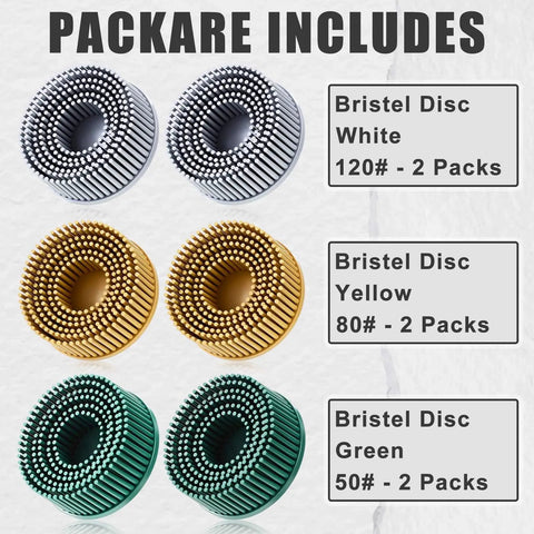 Image of Six Pack 2 Inch Bristle Discs Set With Grit 50 80 120 For Grinding Polishing And Coating Removal On Metal Compatible With Drill