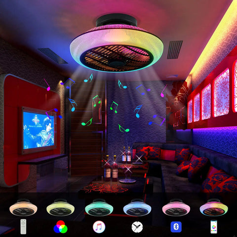 Bladeless Ceiling Fan With Lights And Bluetooth Speaker Dope 6 Speed Remote Control RGB Color Lighting Enclosed Low Profile in room