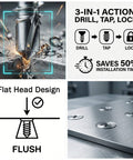 12 By 2 And A Half Inch Flat Head Phillips Self Tapping Screws For Metal And Plastic, 410 Stainless Steel High Hardness Self Drilling Screws, Sheet Metal Screws For Wood And Metal Projects, Fifty Pieces displaying drill, tap, lock action.
