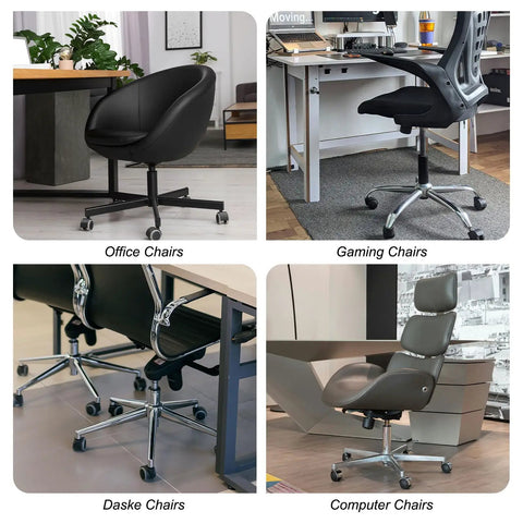 Top Shelf Low Profile Office Chair Glides With Solid Rubber Bottoms No Hassle Stationary Casters For Desk Stools Loaded With Traction Floor Savers Upgraded Silent Glide Pack Of Five displayed under various office and gaming chairs.