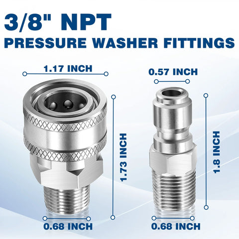 TasuoX 3/8 in NPT pressure washer fittings set, 12-piece stainless steel external-thread quick-connect hose fittings.