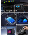 2 In 1 Thermal Imaging Multimeter With 19999 Counts TRMS Readings And 120x90 Infrared Camera, shown with features like Type-C charging and foldable stand