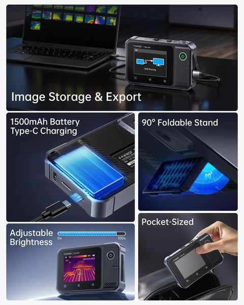 2 In 1 Thermal Imaging Multimeter With 19999 Counts TRMS Readings And 120x90 Infrared Camera, shown with features like Type-C charging and foldable stand