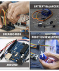 Collage showing electronics projects: breadboards, battery balancers, robotics development, Arduino with open barrel crimping tool.