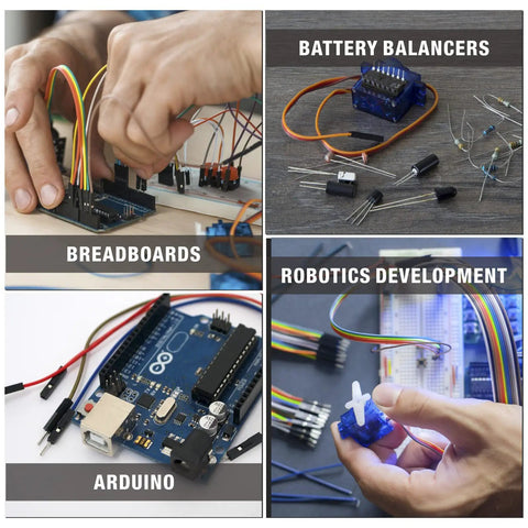Collage showing electronics projects: breadboards, battery balancers, robotics development, Arduino with open barrel crimping tool.