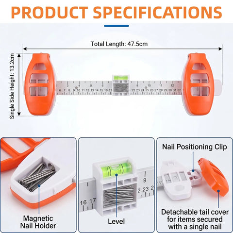 Essential Dead On Picture Hanging Level And Frame Alignment Ruler For No Sweat Wall Decor Setup With Bright Orange Precision Bubble Guide showing product specifications and features.
