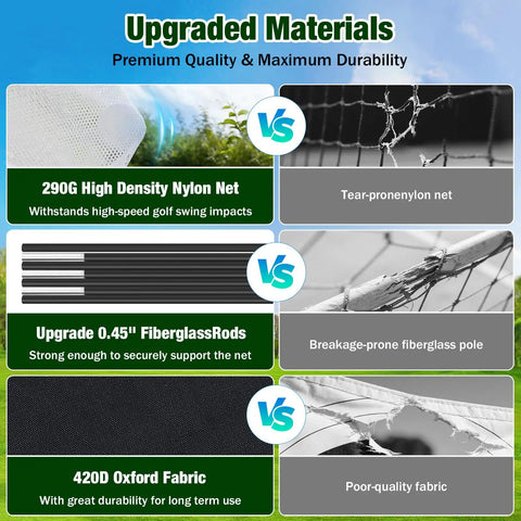 Comparison of upgraded materials in All In One Golf Practice Net With Target Mat For Indoor And Outdoor Backyard Swing Training.