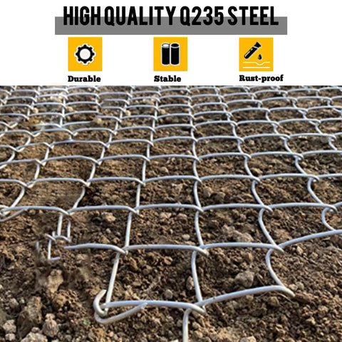 Close-up of 4 By 5 Foot Chain Drag Harrow For ATV UTV And Tractor Attachments, showing durable Q235 steel on soil.