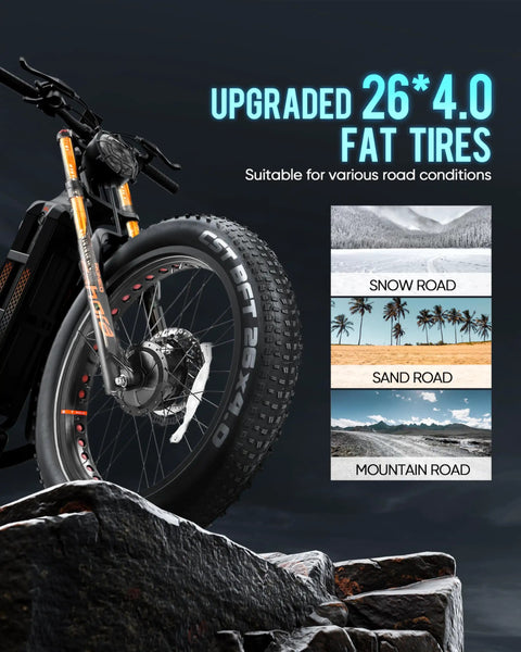 Rad Dual Motor E Bike With 5600W Peak Output And Beast Mode Torque For Conquering Grades In Style Long Range Ride featuring 26x4 fat tires on rocky terrain.