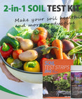 2-In-1 Soil pH And Nitrogen Tester Kit With Measuring Cylinder, 100 Test Strips shown with fresh vegetables for garden use