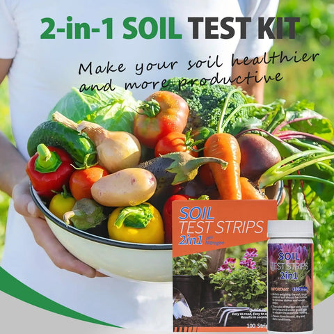 2-In-1 Soil pH And Nitrogen Tester Kit With Measuring Cylinder, 100 Test Strips shown with fresh vegetables for garden use